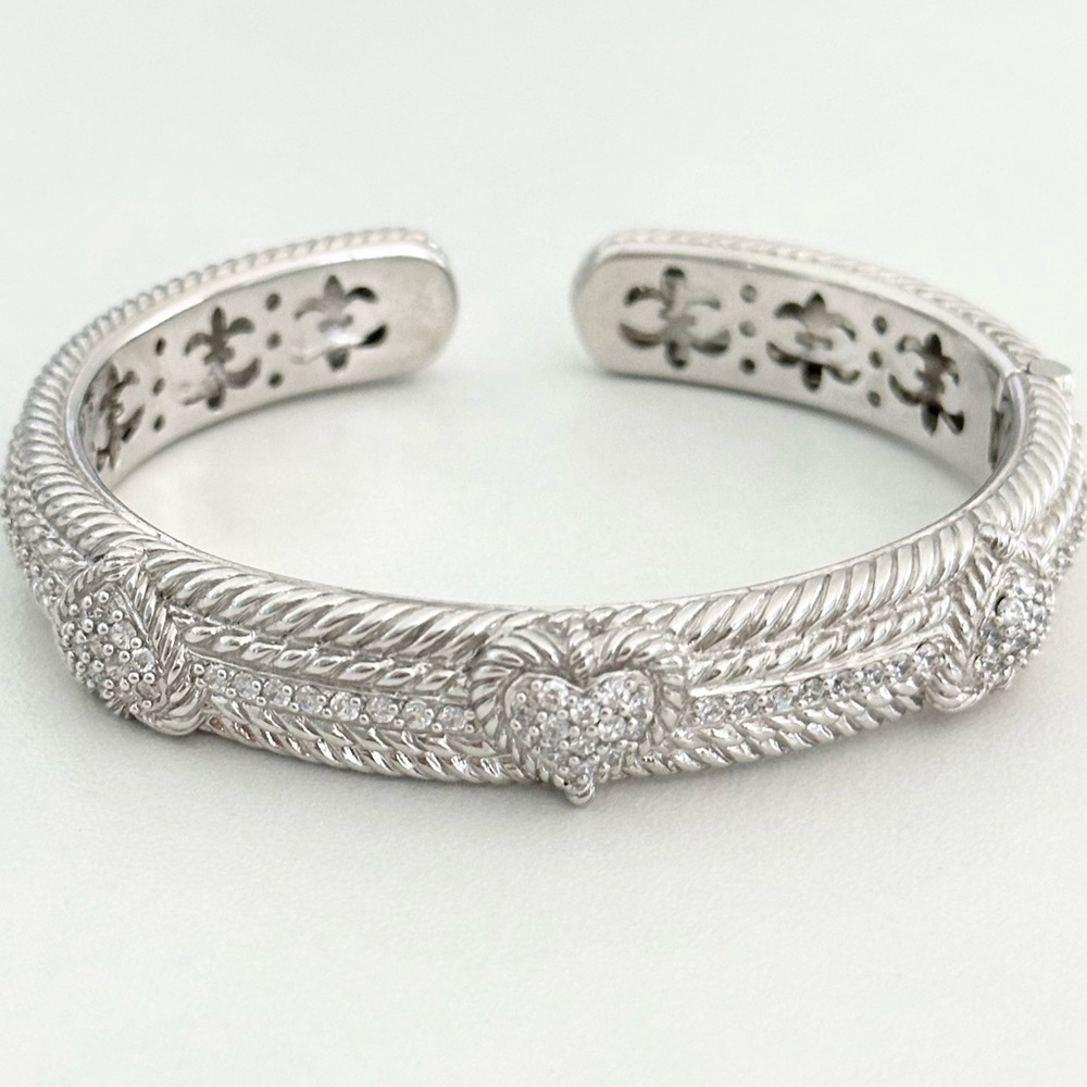 Judith Ripka Clear CZ Triple Heart Diamonique Heavy Silver Cuff Bracelet